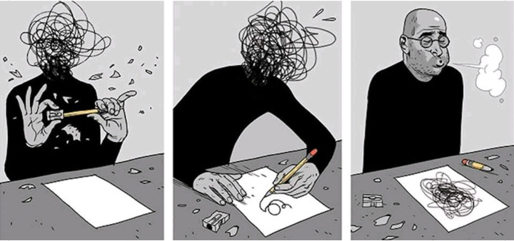 This 3 panel cartoon illustrates the importance of self expression. In the first panel, a drawn man is seated at at table, sharpening a pencil and has blank piece of paper in front of him. He is soo anxiety filled that his head is just a bunch of squiggles. 2nd panel shows the man, still squiggly headed, started to draw squiggles on the paper. 3rd panel shows the man with a human head, eyes closed, exhaling with the paper on the table now filled with squiggles